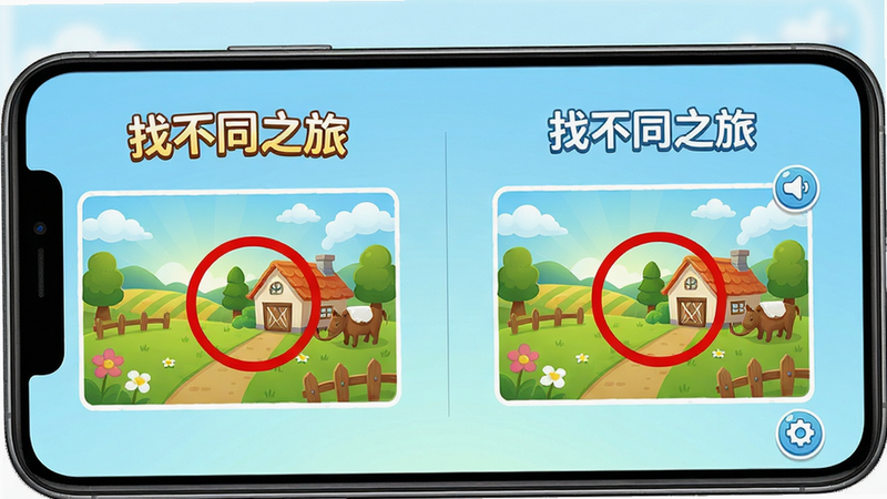 一张手机屏幕特写,显示‘找不同之旅’游戏主界面,左右两张几乎相同的田园风景图,其中一个被红色圆圈标记出不同之处,背景为淡蓝色渐变,UI简洁,卡通风格,高清画质,干净无多余元素。