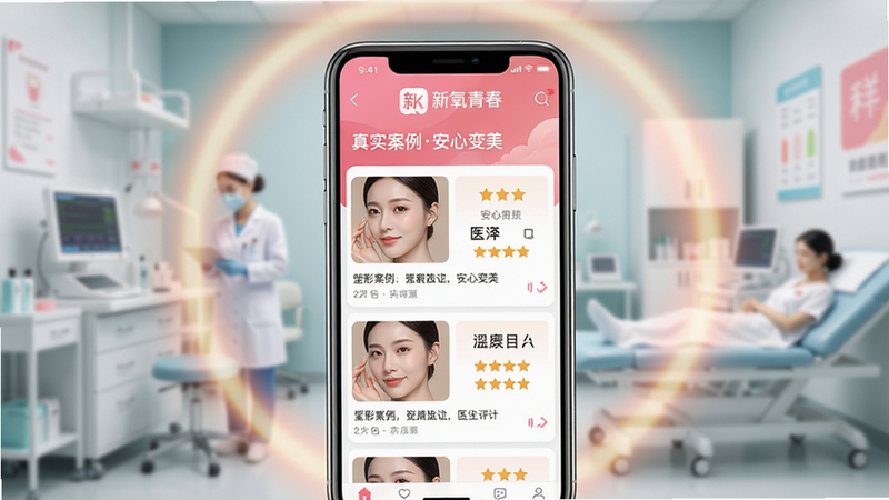 主体:新氧青春App界面,居中展示手机屏幕,屏幕内显示整形案例列表和医生评分;布局:手机位于画面中央,周围有柔和光晕;排版:屏幕内容清晰可见,包括“新氧青春”Logo和“真实案例安心变美”字样;风格:清新、专业、温暖,色调以粉色和白色为主;细节:手机边缘有光影反射,背景为模糊的医疗诊所环境;画质:4K超清,干净无多余元素。