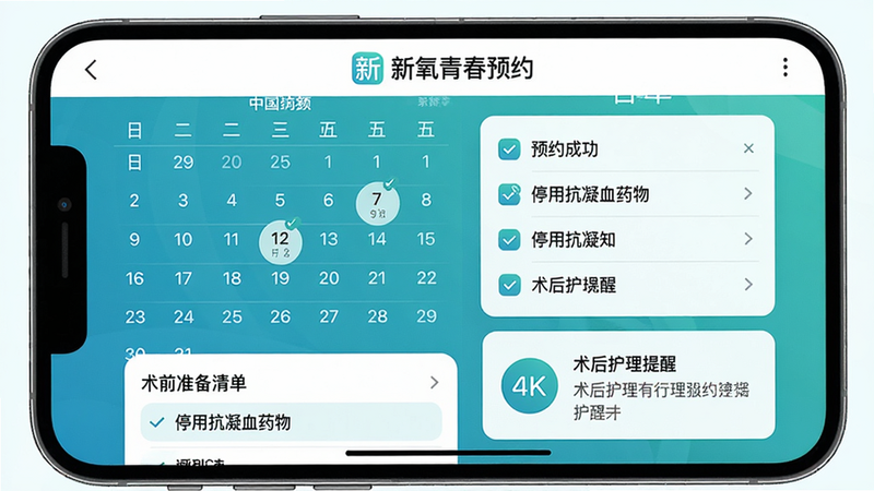 主体:手机日历界面显示预约成功,下方有术前准备清单(如“停用抗凝血药物”),旁边有术后护理提醒卡片;布局:手机横屏展示,左侧日历,右侧清单;排版:顶部“新氧青春预约”Logo,清单条目用列表形式;风格:清新、易读,蓝绿色调;细节:日历上标记日期,提醒卡片带小图标;画质:4K,干净简洁。