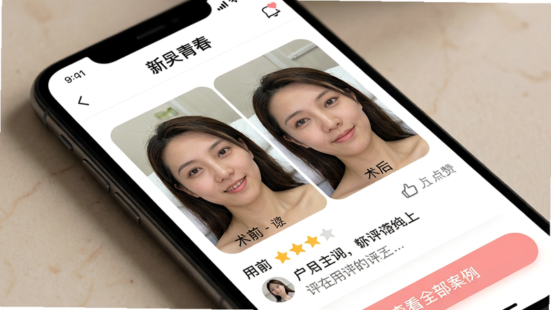 主体:手机屏幕上展示整形案例详情页,左侧术前照片,右侧术后照片,下方有用户评价和点赞数;布局:手机斜放,案例图片清晰对比;排版:页面顶部有“新氧青春”品牌标识,中间为对比图,底部有“查看全部案例”按钮;风格:真实感强,色调柔和自然;细节:照片边缘有圆角,评价区域显示星级和文字;画质:超高清,无杂乱元素。