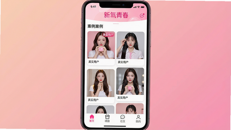 主体:手机屏幕上显示新氧青春App主界面,顶部有“新氧青春”Logo,中间是案例瀑布流,底部有导航栏;布局:手机竖屏占据画面大部分,背景为纯色渐变;排版:Logo、案例卡片、底部图标清晰;风格:现代、简洁,粉色系;细节:案例卡片上有“真实用户”标签,底部导航包含“首页”“项目”“社区”“我的”;画质:4K,干净无杂乱元素。