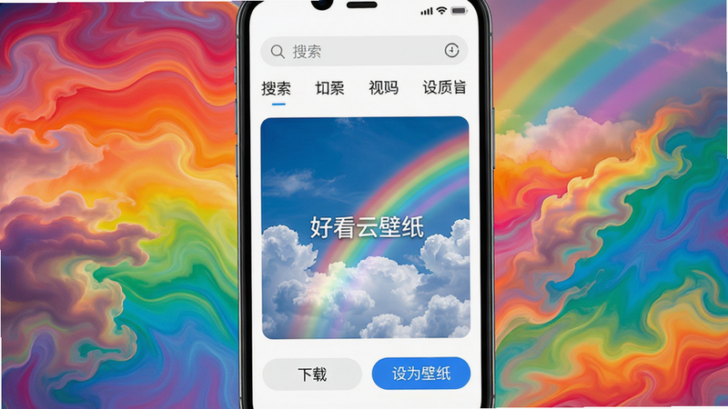 一张手机屏幕充满屏幕,显示着多彩流动的云朵壁纸,界面顶部有搜索栏和分类标签,中间大图展示一张“好看云壁纸”的蓝天白云与彩虹背景,下方有“下载”和“设为壁纸”按钮。整体风格清新明亮,画质高清,干净无多余元素。