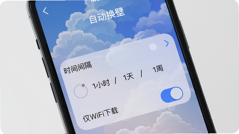 手机屏幕展示“自动换壁”设置界面,有“时间间隔”选项(1小时/1天/1周),下方有“仅WiFi下载”开关。背景是一张渐变的云朵壁纸,整体风格简约,文字清晰可见,画质高清。
