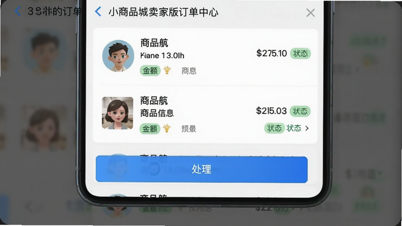 小商品城卖家版订单中心界面,显示订单列表,每条订单包含买家头像、商品信息、金额、状态标签,底部有