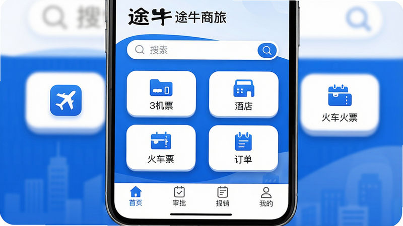 途牛商旅App主界面预览图,主体为手机屏幕展示途牛商旅首页,布局上下结构,顶部为品牌logo与搜索栏,中部四个功能图标(机票、酒店、火车票、订单),底部标签栏(首页、审批、报销、我的);风格商务蓝白配色,细节包括圆角图标与阴影,画质高清干净,无多余元素,文字标注“途牛商旅”。