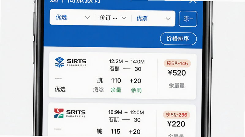 途牛商旅预订页面截图,主体为手机屏幕显示机票搜索结果列表,布局从上到下依次为筛选条件栏、价格排序按钮、多个航班卡片(含航司、时间、价格);风格蓝白商务简约,细节包括折扣标签、余量提示,画质清晰平整,无多余装饰元素,文字显示“优选”标识。