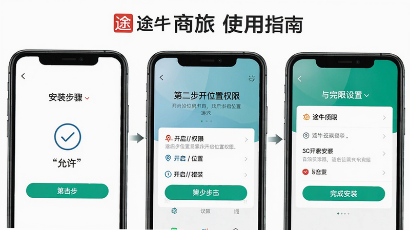 途牛商旅使用指南图示,主体为手机屏幕显示安装步骤与权限设置界面,布局分为三步骤:第一步点击“允许”,第二步开启位置权限,第三步完成安装;风格简洁指引,画质清晰,背景纯白,无多余元素。