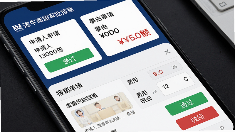 途牛商旅审批报销界面,主体为手机屏幕展示审批列表与报销单据,布局上半部分为待审批的申请卡片(含申请人、事由、金额),下半部分为报销单填写页(发票识别结果、费用明细);风格商务严谨,细节有绿色“通过”按钮和红色“驳回”按钮,画质细腻干净,无多余元素。