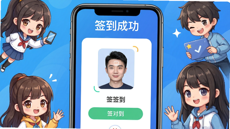 脸签APP主界面展示,手机屏幕中央显示人脸识别签到过程,周围环绕二次元卡通角色,背景为渐变蓝色,上方有“签到成功”字样,整体布局清爽,风格活泼,画质高清,干净无多余元素