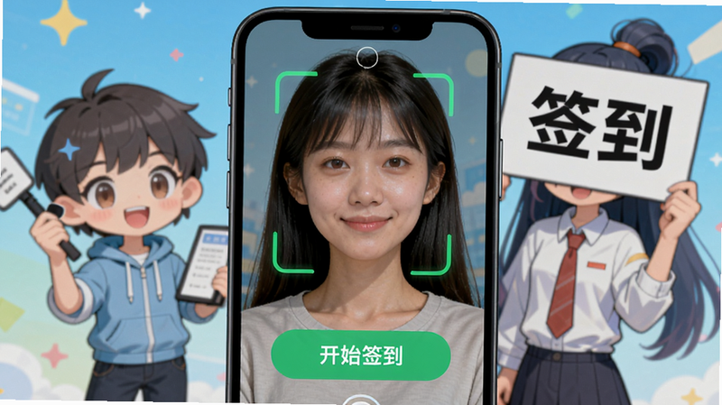 脸签人脸识别签到界面,手机前置摄像头扫描用户脸部,屏幕中显示绿色识别框和“开始签到”按钮,背景为二次元风格,卡通人物举着“签到”牌子,界面简洁,色彩明亮,画质清晰,无多余元素