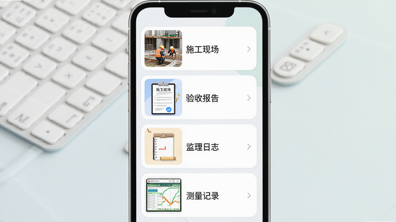 一张工程相机模板选择界面,手机屏幕显示模板列表,包括'施工现场'、'验收报告'、'监理日志'、'测量记录'等,每个模板有预览小图。界面美观,排版整齐。风格现代,色彩柔和,画质高清,干净无多余元素。