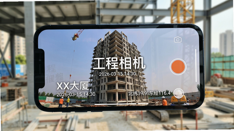 一张展示工程相机App在施工现场使用的效果图,手机屏幕显示正在拍摄一栋建筑,照片上叠加了'工程相机'水印,包含项目名称'XX大厦'、'2026-03-15 14:30'、'北纬39.9°东经116.4°'等信息。界面简洁,拍摄按钮醒目。风格真实摄影,光线自然,画质高清,干净无多余元素。