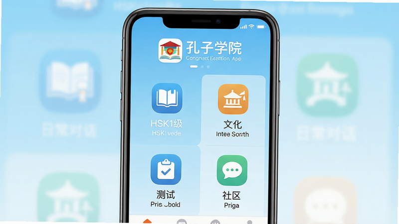 ���壺����ѧԺApp�Ľ����ͼ��չʾ��ҳѧϰ�γ��б��͹��ܵ��������֣��ֻ���Ļ���У��Ϸ���ʾApp���ơ�����ѧԺ��Logo���·����С��γ̡����Ļ��������ԡ����������ĸ�ͼ��ģ�飬����Ϊ����ǳ��ɫ���Ű棺��ƽ�����ͼ�������������ֱ�ע������ִ�������App���棬�����ɾ���ϸ�ڣ�ÿ��ͼ���������ĺ�Ӣ��˫�����֣��γ��б����С�HSK1�������ճ��Ի�������Ŀ�����ʣ����壬�޶���Ԫ�ء�
