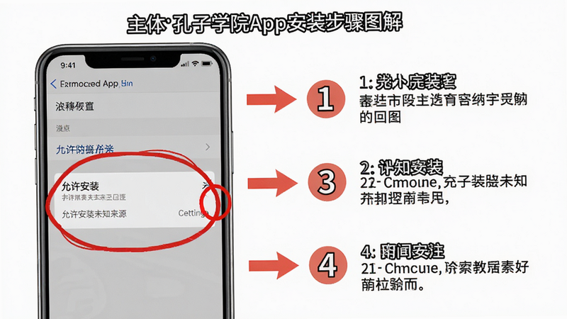 ���壺����ѧԺApp��װ����ͼ�⣬�ֻ���Ļ����ʾ��������װδ֪��Դ�����ý��档���֣����Ϊ�ֻ����ý���Ľ�ͼ���Ҳ��ü�ͷָʾ���衣�Ű棺ͼ�Ĳ�ï��������1-4����񣺽̷̳������ֱ�ۡ�ϸ�ڣ��ص������ú�ɫԲȦ��ǡ����ʣ����壬�޶���Ԫ�ء�