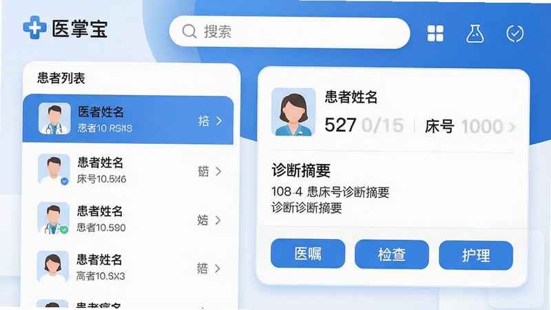 主体:医掌宝APP的界面预览图,展示主页面布局。布局:左侧为患者列表,右侧为当前患者详细病历卡片,顶部搜索栏和快捷功能图标。排版:简洁卡片式设计,蓝白主题色,信息层级清晰。风格:现代扁平化,医疗专业感,柔和光影。细节:左上角显示“医掌宝”LOGO,病历卡片包含患者姓名、床号、诊断摘要,底部有“医嘱”“检查”“护理”按钮。画质:高清,干净,无多余元素。