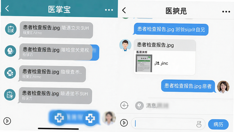 主体:医掌宝消息界面截图。布局:左侧聊天列表,右侧当前对话窗口,显示医护人员之间的文字与图片消息。排版:标准IM风格,对话气泡左灰右蓝。风格:简洁聊天界面,医药行业专属图标。细节:消息中包含“患者检查报告.jpg”缩略图,底部输入框旁有“病历”快捷按钮。画质:高清,干净。