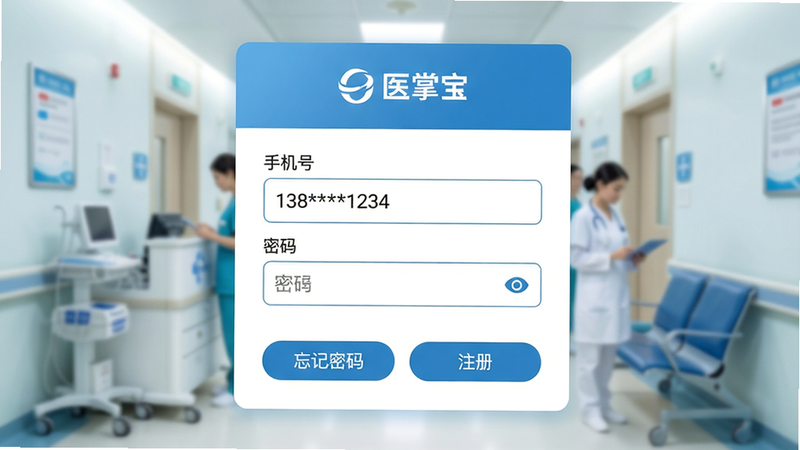 主体:医掌宝登录界面截图,展示输入手机号与密码的页面,下方有“忘记密码”和“注册”按钮。布局:居中卡片式,背景为医院场景模糊图。排版:简洁表单,上方LOGO。风格:医疗蓝白配色,柔和。细节:“手机号”输入框内示例“138****1234”,“密码”输入框旁有“眼睛”图标。画质:高清,干净。