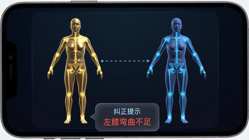 主体:手机屏幕上出现两个并列的3D人体模型,左侧为金色标准动作,右侧为蓝色用户实时动作,两个模型之间用虚线连接;布局:模型居中,屏幕底部有“纠正提示”气泡框;排版:气泡框中用红色字体标出“左膝弯曲不足”,风格:科技感十足,半透明UI;细节:模型上关节骨骼发光,背景为深色渐变;画质:8K超清,无多余元素。