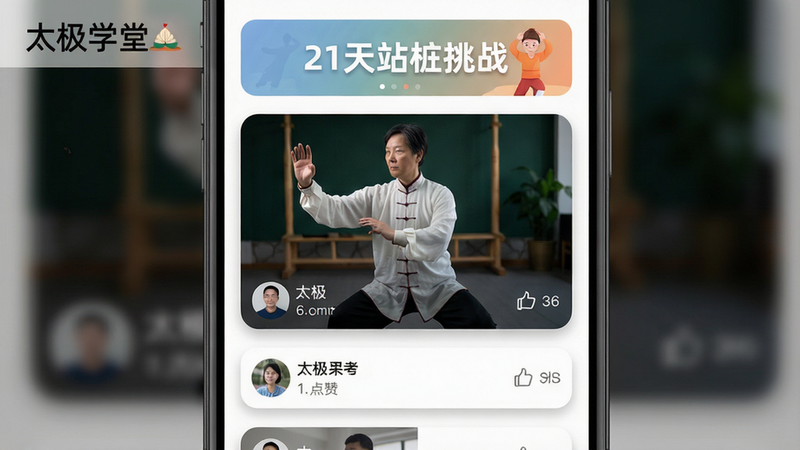 主体:手机社区页面,顶部为“21天站桩挑战”横幅,下方是用户发布的视频卡片流,每张卡片显示用户头像、昵称和点赞数;布局:瀑布流布局,第一张卡片放大显示正在打太极的用户;排版:页面左上角有“太极学堂”LOGO,风格:社交化界面设计,色彩柔和;细节:卡片边缘有圆角阴影,头像清晰;画质:超清,无多余元素。