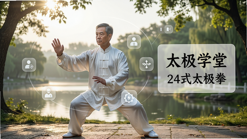 概括软件核心全貌,必须包含太极学堂;主体:一位身穿白色练功服的中年人正在公园里舒展地打太极,背景是清晨的树林和湖面,阳光透过树叶洒下;布局:人物居中,动作清晰,周围有半透明的教学图标环绕;排版:画面右侧叠加半透明矩形框,框内写“太极学堂 24式太极拳”字样;风格:清新自然,中国水墨画风与现代UI融合,细节:人物衣物褶皱、树叶光影真实,画质:4K超清,干净无多余元素。