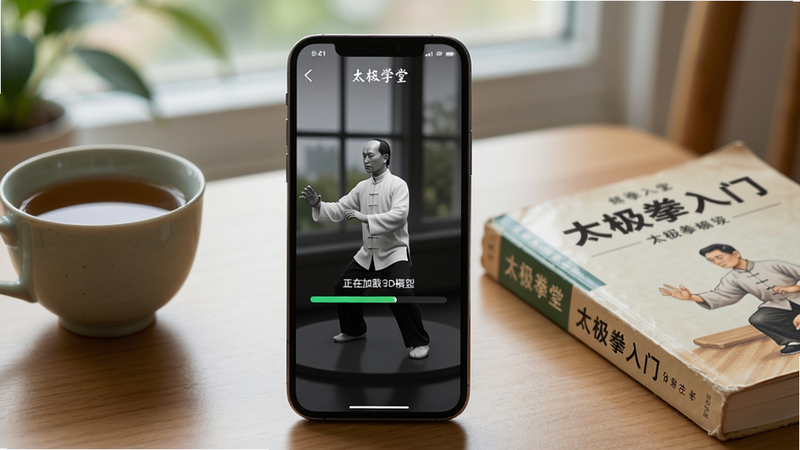 主体:一部手机正在运行太极学堂APP,屏幕上显示“正在加载3D模型”的进度条,手机旁边放着一杯茶和一本《太极拳入门》书籍;布局:手机居中,前景清晰,背景虚化;排版:手机屏幕上可见“太极学堂”字样;风格:生活化场景,自然光线;细节:手机屏幕反射光线,书籍封面可见;画质:高清,无多余元素。