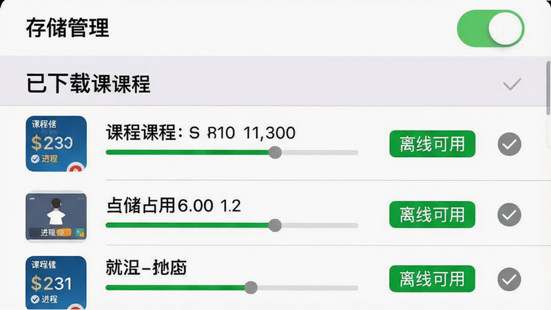 主体:手机设置页面,显示“已下载课程”列表,列表项有课程名称、进度条和“离线可用”绿色标签;布局:列表上下滚动,顶部有“存储管理”开关;排版:每个课程项右侧有打勾图标;风格:简洁清爽,iOS风格UI;细节:存储占用数字清晰显示;画质:高清,无多余元素。