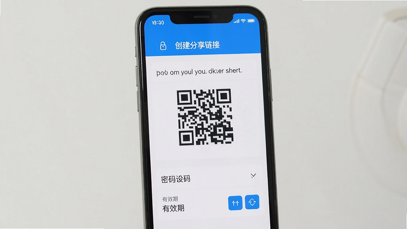 主体为手机屏幕显示文件分享页面,顶部有“创建分享链接”选项,中间有链接和二维码,下方有密码设置和有效期选择,界面简洁,蓝色主题,干净背景,画质清晰