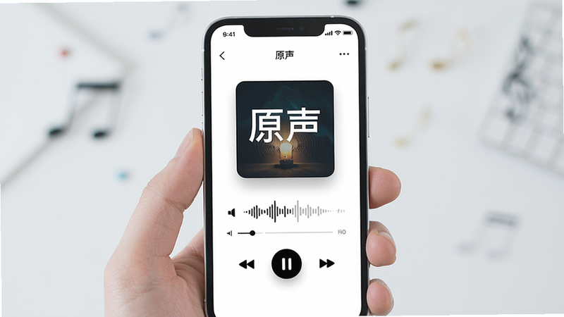 主体为手机屏幕显示原声APP播放界面,布局居中,风格简约现代,细节包含音量波形、播放控件、封面图,画质高清,干净无多余元素,文字标注