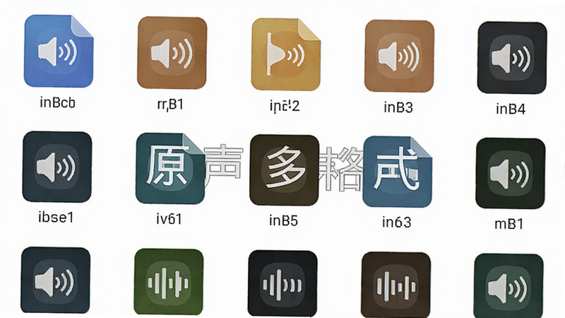 主体为文件列表展示多种音频格式图标,布局网格,风格清爽,细节有格式后缀名,画质干净,文字