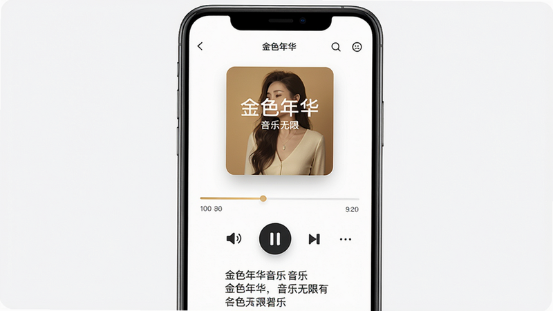 金色年华音乐APP主界面,主体为播放器页面,布局居中,排版整洁,风格现代简约,细节包括专辑封面、播放进度条、音量控制、歌词显示,画质高清,干净无多余元素,文字标注“金色年华”和“音乐无限”