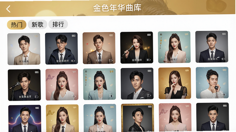 金色年华音乐APP曲库页面,主体为网格布局的专辑封面墙,排版整齐,风格清新明快,细节包括分类标签“热门”“新歌”“排行”,画质清晰,文字标注“金色年华曲库”,干净无多余元素