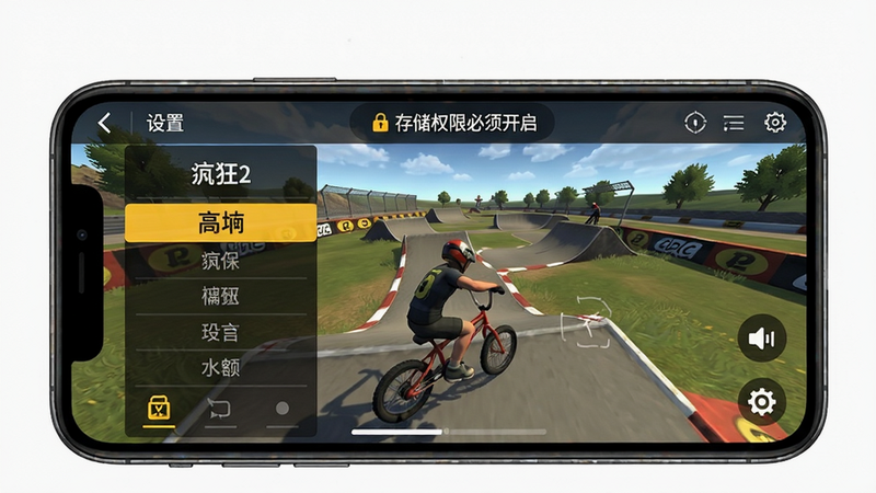 疯狂小轮车2新手避坑指南配图,手机屏幕显示游戏设置界面,画质选项高亮,背景为赛道预览,文字提示“存储权限必须开启”,画面干净,清晰