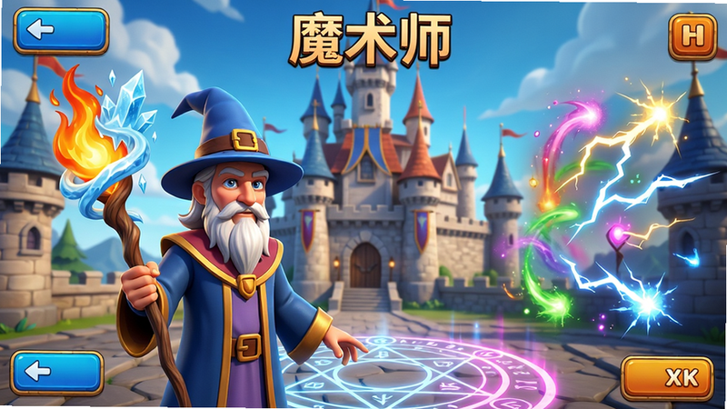 主体:魔术师游戏主界面,一位魔法师手持法杖站在中世纪城堡前。布局:居中构图,魔法师占据画面左侧1/3,右侧展示多彩魔法光效。排版:游戏UI按钮分布在四角,中央上方显示“魔术师”字样。风格:卡通渲染+写实光影,色彩鲜艳明亮。细节:法杖顶端有火焰、冰霜、闪电三种元素缠绕,地面有魔法阵纹路。画质:4K高清,无多余元素。