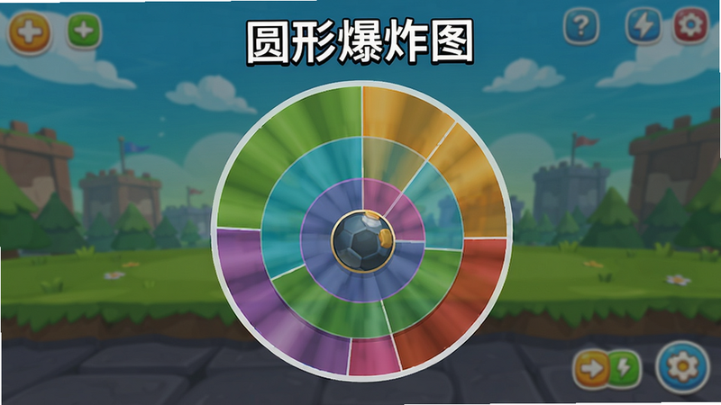 圆球爆炸游戏结算界面,展示圆形爆炸统计图,各色区域半径不同,背景为游戏主界面,风格卡通,画质高清,文字标注'圆形爆炸图',布局清晰