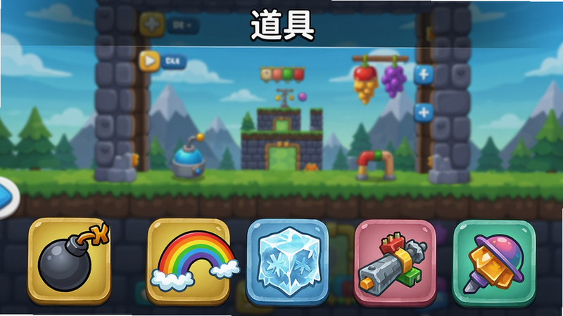 圆球爆炸道具选择界面,底部排列多种道具图标,包括炸弹、彩虹、冰冻等,背景为游戏关卡预览,风格卡通,图标清晰色彩鲜明,布局整齐,画质干净,无多余元素,文字标注'道具'字样