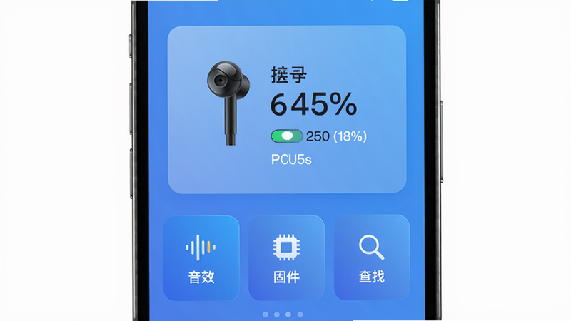 展示 Picun APP 的主界面设计,手机屏幕中央显示已连接的耳机型号与电量百分比,下方设有“音效”、“固件”、“查找”三个功能卡片,背景为渐变蓝色,整体风格简洁、科技感强,画质清晰,无多余元素。