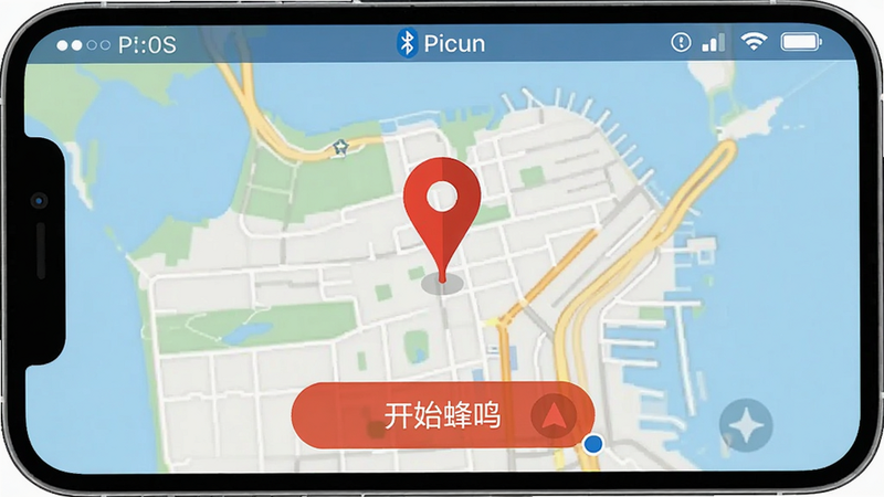 Picun 查找功能界面,地图上显示一个红色图钉标注位置,下方有“开始蜂鸣”按钮,手机顶部状态栏显示蓝牙已连接,画面风格简约,导航清晰。