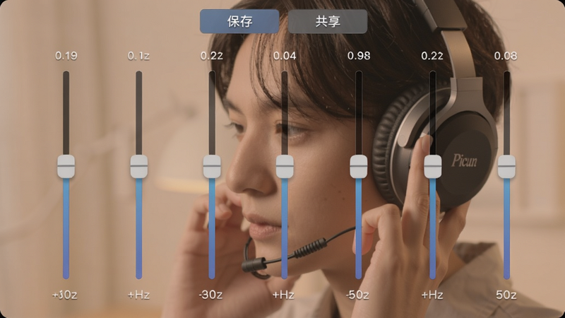 Picun 均衡器调节界面截图,显示十条可拖动的滑块,每个频点标注 Hz 数值,界面顶部有“保存”和“共享”按钮,背景为耳机佩戴效果图,色调柔和。