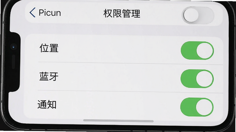 一张手机截图显示 Picun 设置界面中的“权限管理”页面,列出“位置”、“蓝牙”、“通知”三个开关,全部处于开启状态,画质清晰,文字可辨。
