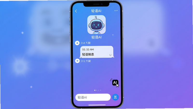 轻语AI主界面,手机竖屏全屏展示,顶部显示AI卡通头像,中间为对话气泡区,底部为输入框和发送按钮,整体布局清晰,排版整洁,风格简约科技感,背景为渐变蓝紫色,细节包括消息时间戳和AI打字动画,画质超高清,干净无多余元素,界面中显示“轻语AI”应用名称
