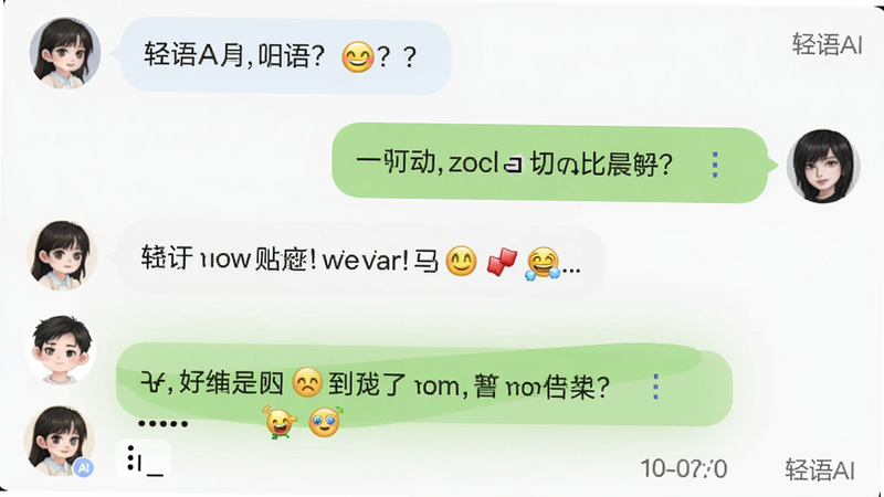 轻语AI对话截图,展示多轮聊天记录,用户问题与AI回答交替出现,AI回答带有表情符号,气泡颜色区分用户和AI,布局纵向滚动,排版工整,风格清新可爱,细节包括打字指示点和时间戳,画质清晰,无杂乱元素,角落有“轻语AI”水印