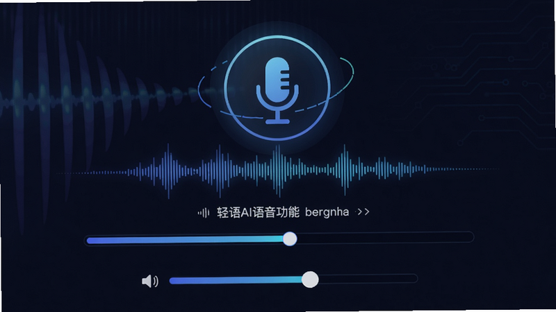轻语AI语音功能页面,展示麦克风图标和波形动画,下方有语音朗读进度条,布局居中,排版动感,风格科技炫酷,细节包括语音识别实时文字和音量调节滑块,画质清晰,无多余元素