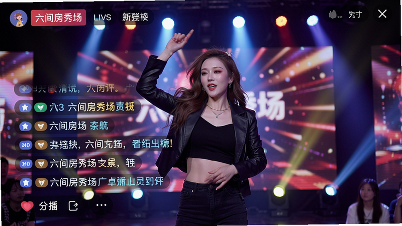 六间房秀场直播画面,高清画质展示主播跳舞,背景绚丽灯光,弹幕飞过,手机屏幕清晰,画质细腻,色彩鲜艳,无多余元素