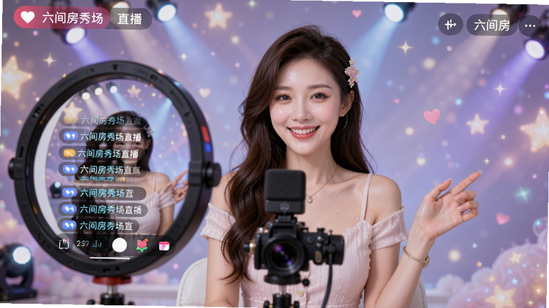 六间房秀场直播界面,一位美丽女主播正在对着摄像头微笑,背景有梦幻灯光,手机屏幕显示弹幕互动,整体风格明亮活泼,高画质,干净无多余元素