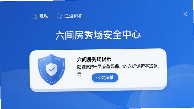 六间房秀场安全中心界面,盾牌图标,背景蓝色,显示隐私保护提示,界面简洁,无多余元素