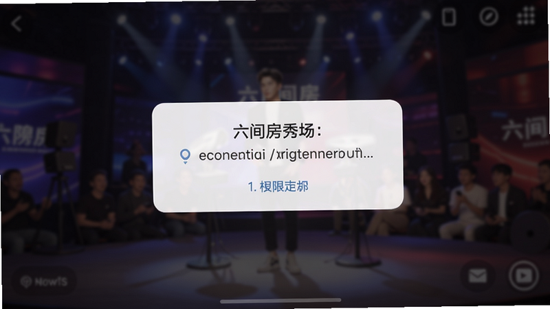 六间房秀场手机安装界面,显示权限请求弹窗,背景模糊,界面简洁,提示文字清晰,干净无多余元素