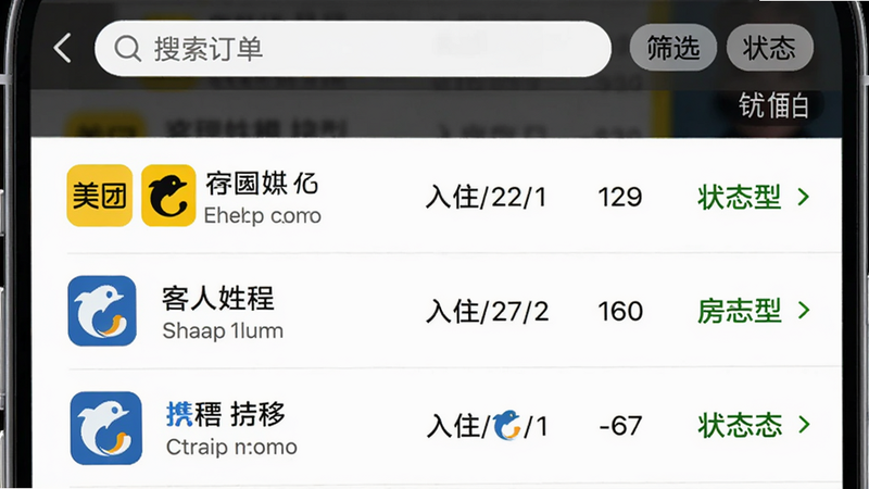 主体为手机屏幕上显示订单列表,每行包含平台图标、客人姓名、入住日期、房型、状态。布局为列表式,顶部有搜索栏和筛选标签。风格类似微信聊天列表,细节突出不同平台的颜色标识,如美团黄色、携程蓝色。画质高清。