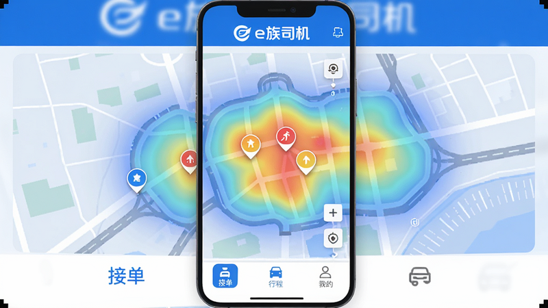 e族司机 App 主界面,顶部显示e族司机Logo,中部地图呈现热力图与实时订单标记,底部三个Tab按钮分别为接单、行程、我的,整体蓝白配色,科技感强,界面干净无多余元素,画质高清,布局上下分区,排版清晰,风格现代简洁