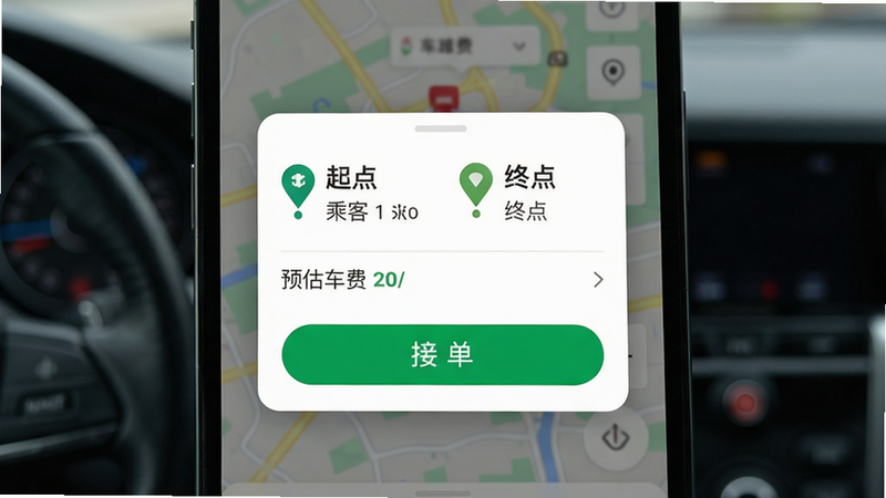 e族司机智能派单界面,手机屏幕中央弹出订单推送卡片,显示乘客起点、终点、预估车费及距离,背景为半透明地图,卡片下方有绿色接单按钮,界面简洁,色彩鲜明,无多余元素,画质高清,主体为卡片弹窗,布局居中,排版清爽