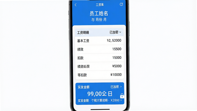 主体:手机屏幕展示工资条详情页,布局:竖屏排版,上方显示员工姓名与月份,中间为工资明细列表(基本工资、绩效、扣款等),底部为实发金额和个税计算说明,风格:简洁数据面板,蓝白配色,细节:数字对齐清晰,带有“已加密”小锁图标,画质:高清细腻,背景纯白,无多余装饰